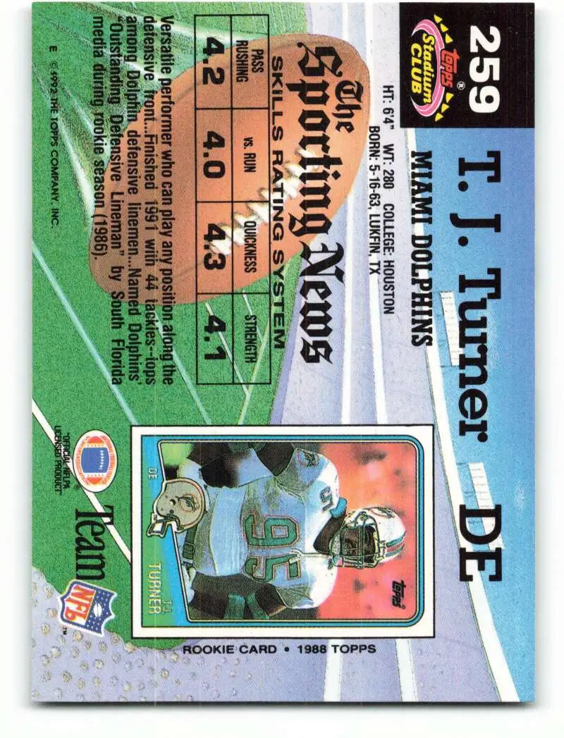 1992 Topps Stadium Club #259 T.J. Turner EX Excellent Miami Dolphins Football Card - Football Card Single