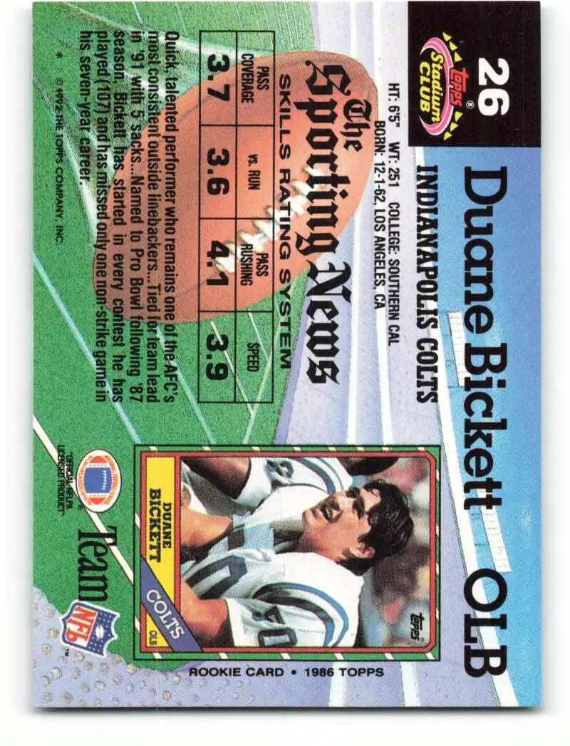1992 Topps Stadium Club #26 Duane Bickett EX Excellent Indianapolis Colts Football Card - Football Card Single