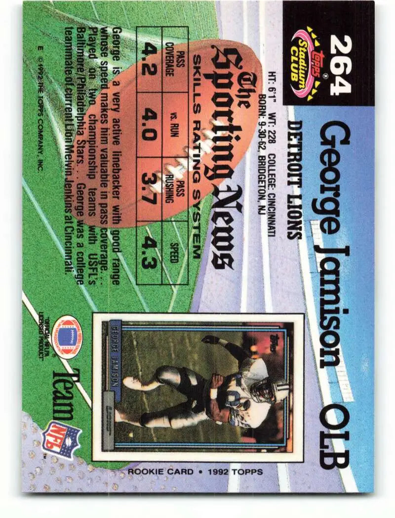 1992 Topps Stadium Club #264 George Jamison EX Excellent Detroit Lions Football Card - Football Card Single