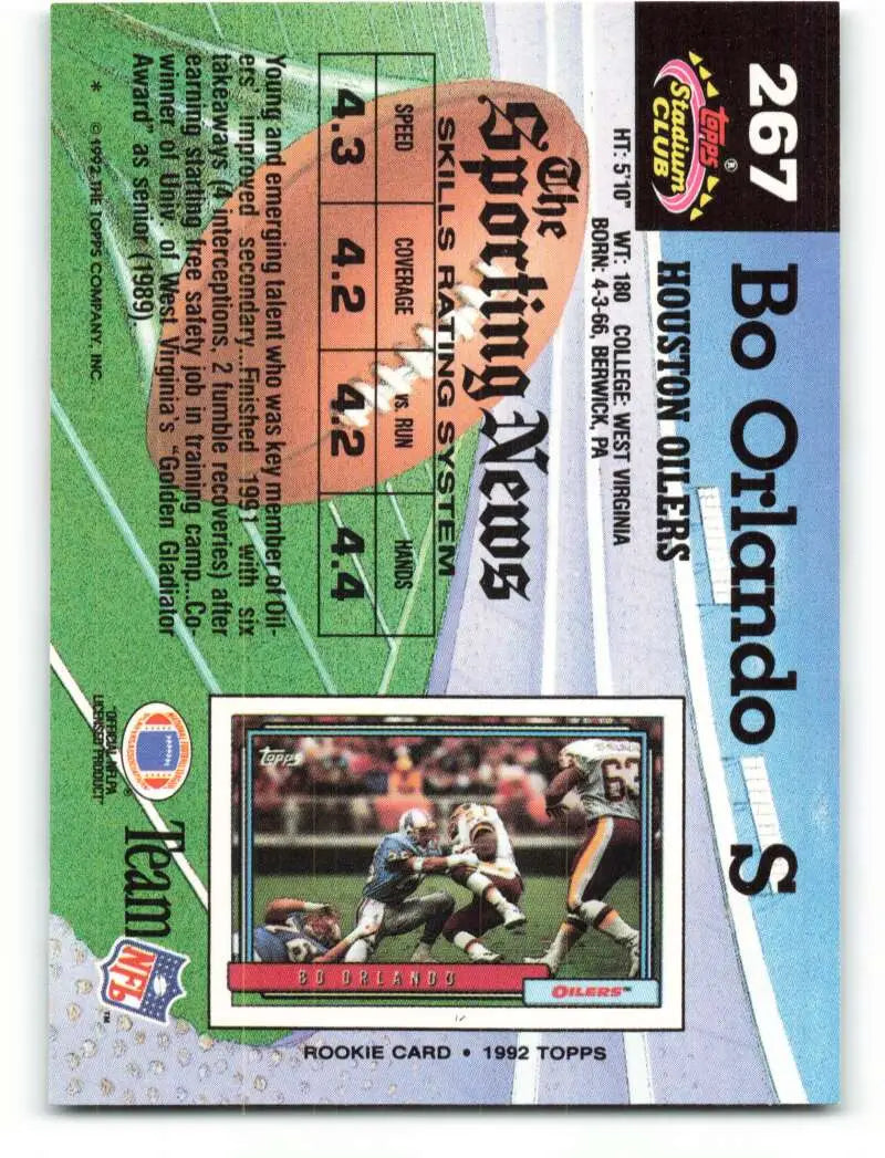 1992 Topps Stadium Club #267 Bo Orlando EX Excellent RC Rookie Houston Oilers Football Card - Football Card Single