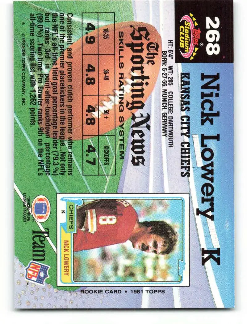 1992 Topps Stadium Club #268 Nick Lowery EX Excellent Kansas City Chiefs Football Card - Football Card Single