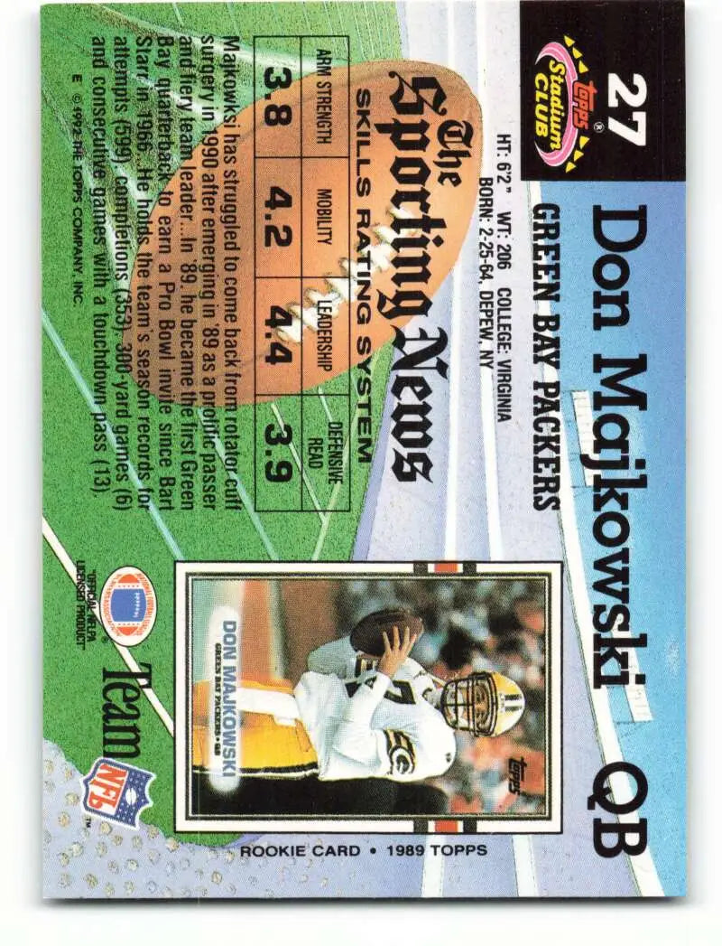 1992 Topps Stadium Club #27 Don Majkowski EX Excellent Green Bay Packers Football Card - Football Card Single