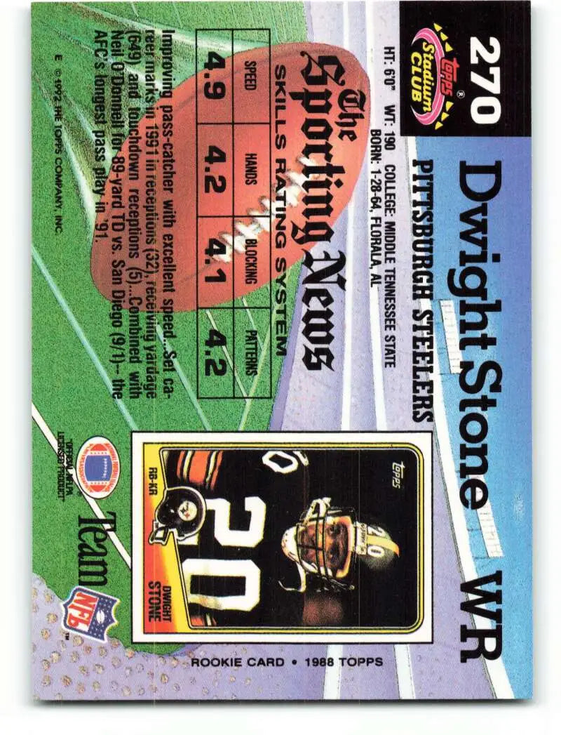 1992 Topps Stadium Club #270 Dwight Stone EX Excellent Pittsburgh Steelers Football Card - Football Card Single