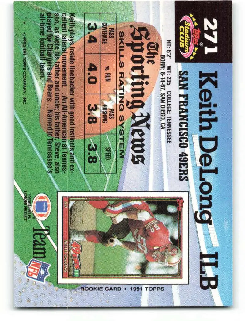 1992 Topps Stadium Club #271 Keith DeLong EX Excellent San Francisco 49ers Football Card - Football Card Single