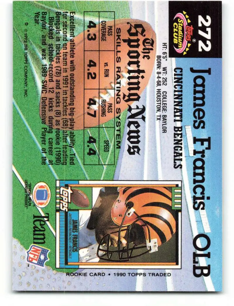 1992 Topps Stadium Club #272 James Francis EX Excellent Cincinnati Bengals Football Card - Football Card Single