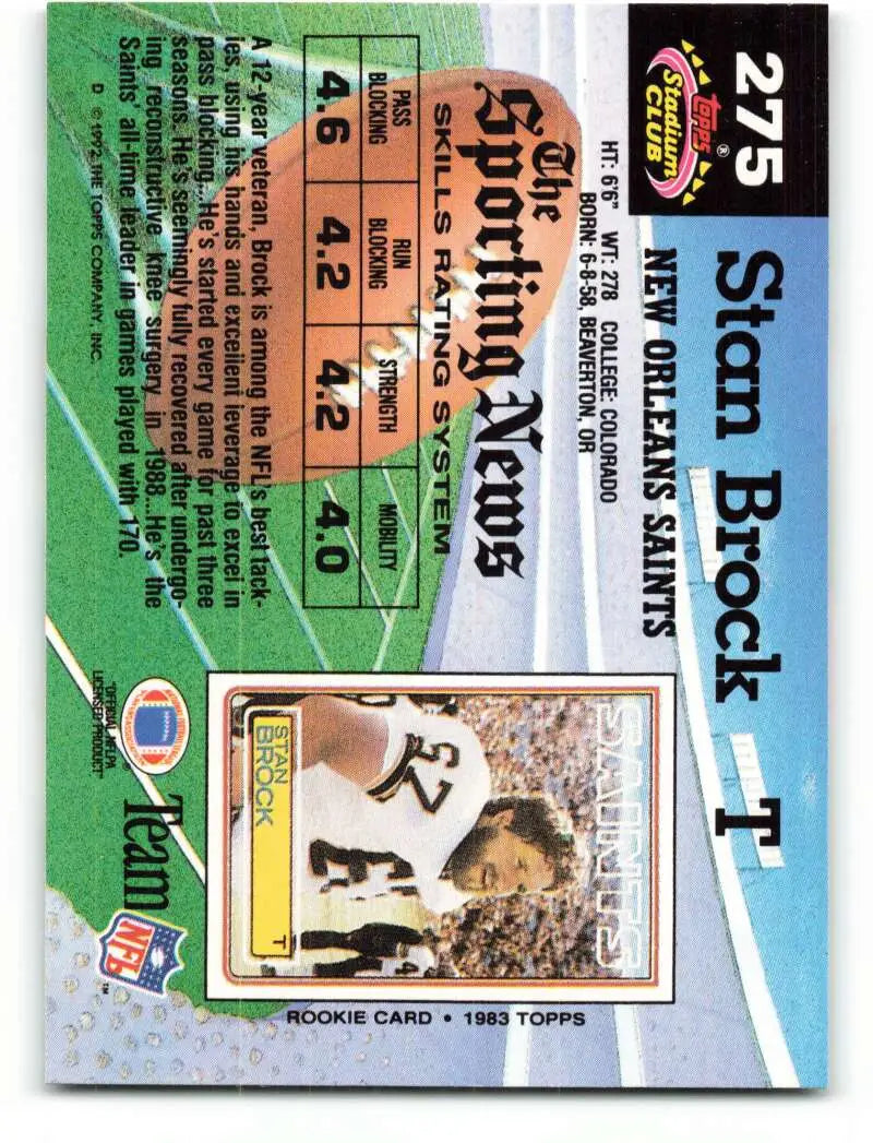 1992 Topps Stadium Club #275 Stan Brock EX Excellent New Orleans Saints Football Card - Football Card Single