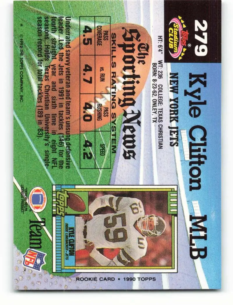 1992 Topps Stadium Club #279 Kyle Clifton EX Excellent New York Jets Football Card - Football Card Single
