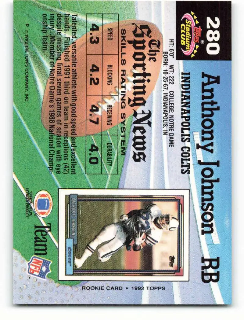 1992 Topps Stadium Club #280 Anthony Johnson EX Excellent Indianapolis Colts Football Card - Football Card Single