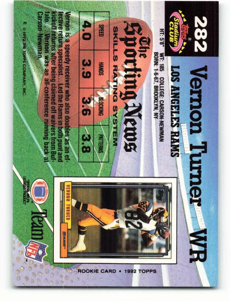 1992 Topps Stadium Club #282 Vernon Turner EX Excellent Los Angeles Rams Football Card - Football Card Single