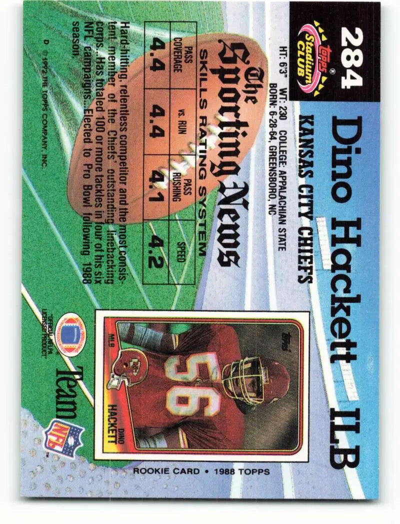 1992 Topps Stadium Club #284 Dino Hackett EX Excellent Kansas City Chiefs Football Card - Football Card Single