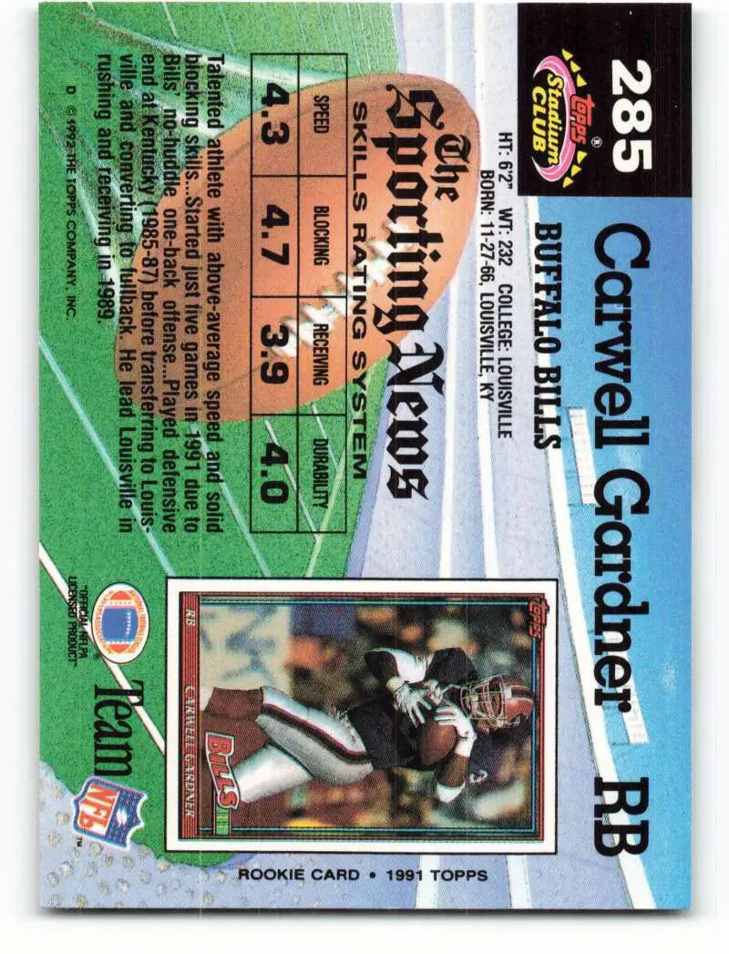 1992 Topps Stadium Club #285 Carwell Gardner EX Excellent Buffalo Bills Football Card - Football Card Single