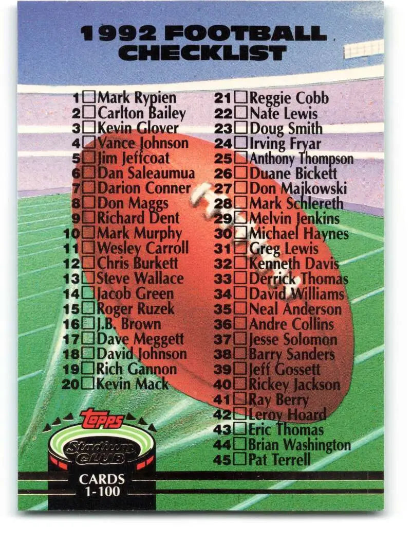 1992 Topps Stadium Club #288 Checklist 1-100 EX Excellent Football Card - Football Card Single