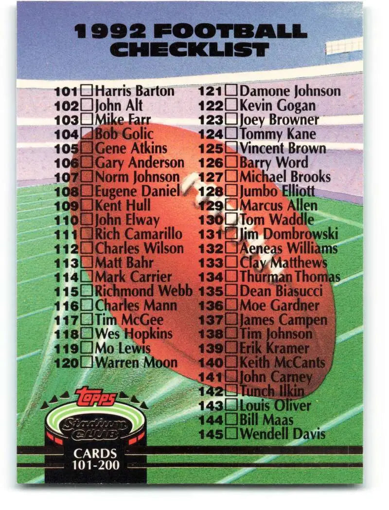 1992 Topps Stadium Club #289 Checklist 101-200 EX Excellent Football Card - Football Card Single