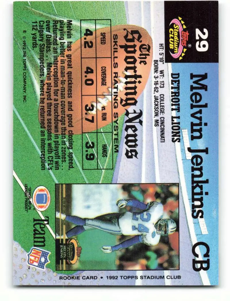 1992 Topps Stadium Club #29 Melvin Jenkins EX Excellent Detroit Lions Football Card - Football Card Single