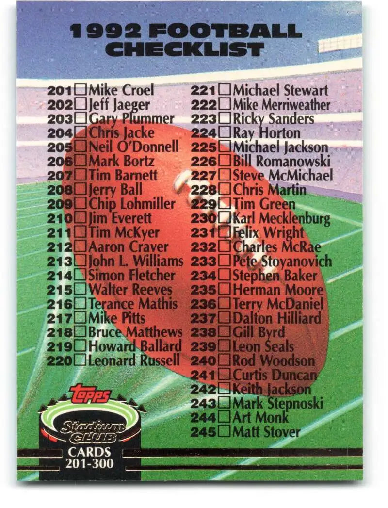 1992 Topps Stadium Club #290 Checklist 201-300 EX Excellent Football Card - Football Card Single