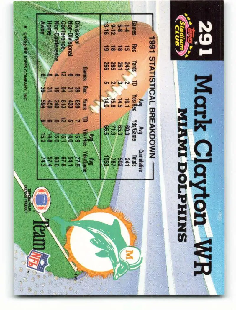 1992 Topps Stadium Club #291 Mark Clayton EX Excellent Miami Dolphins Football Card - Football Card Single