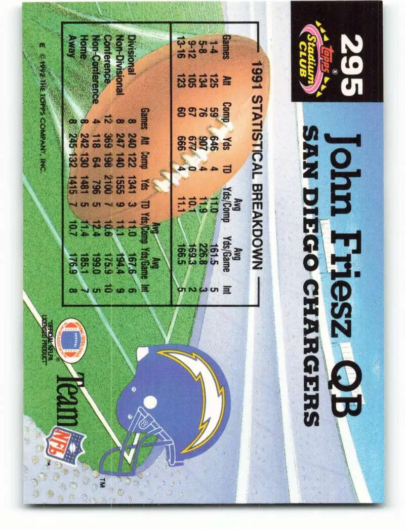 1992 Topps Stadium Club #295 John Friesz EX Excellent San Diego Chargers Football Card - Football Card Single