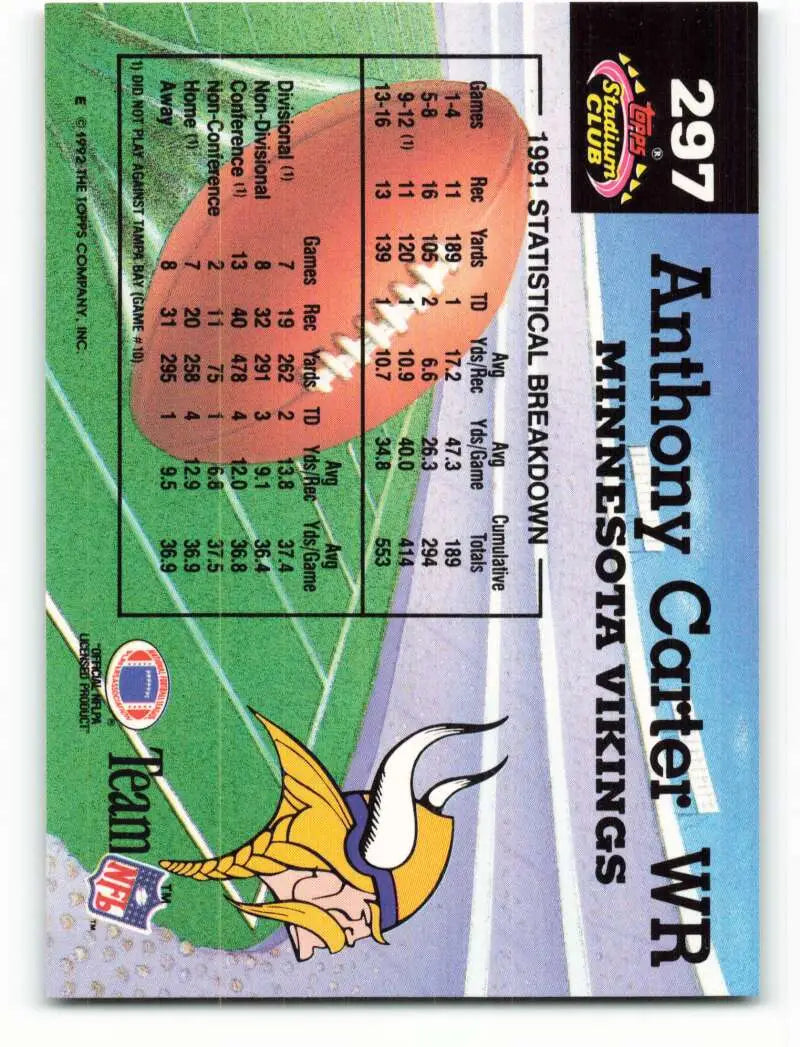 1992 Topps Stadium Club #297 Anthony Carter EX Excellent Minnesota Vikings Football Card - Football Card Single
