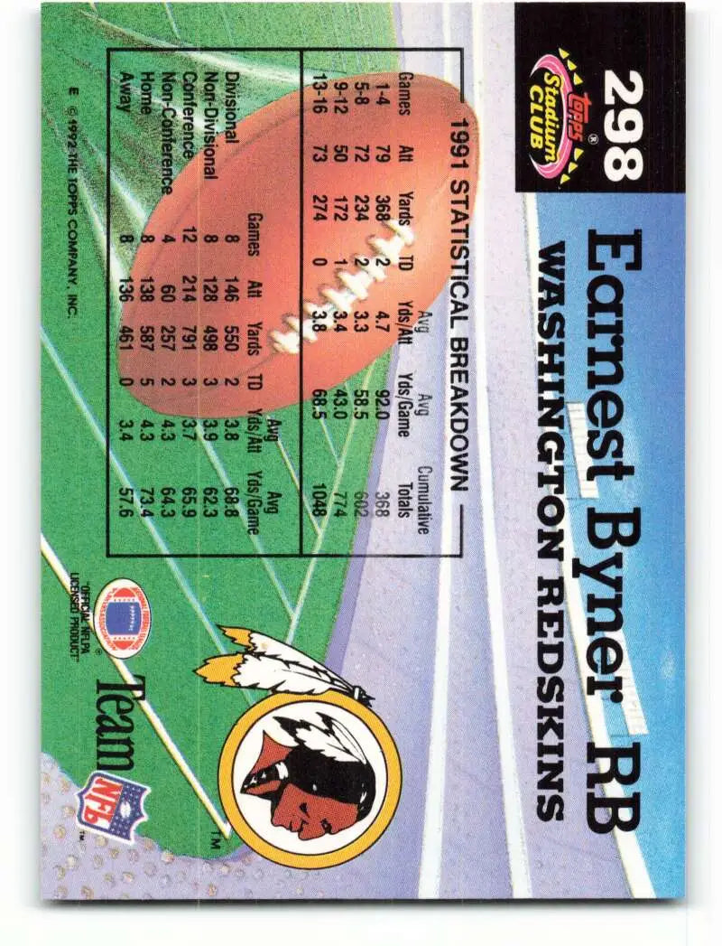 1992 Topps Stadium Club #298 Earnest Byner EX Excellent Washington Redskins Football Card - Football Card Single