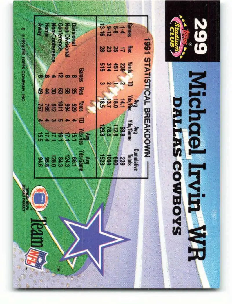 1992 Topps Stadium Club #299 Michael Irvin EX Excellent Dallas Cowboys Football Card - Football Card Single