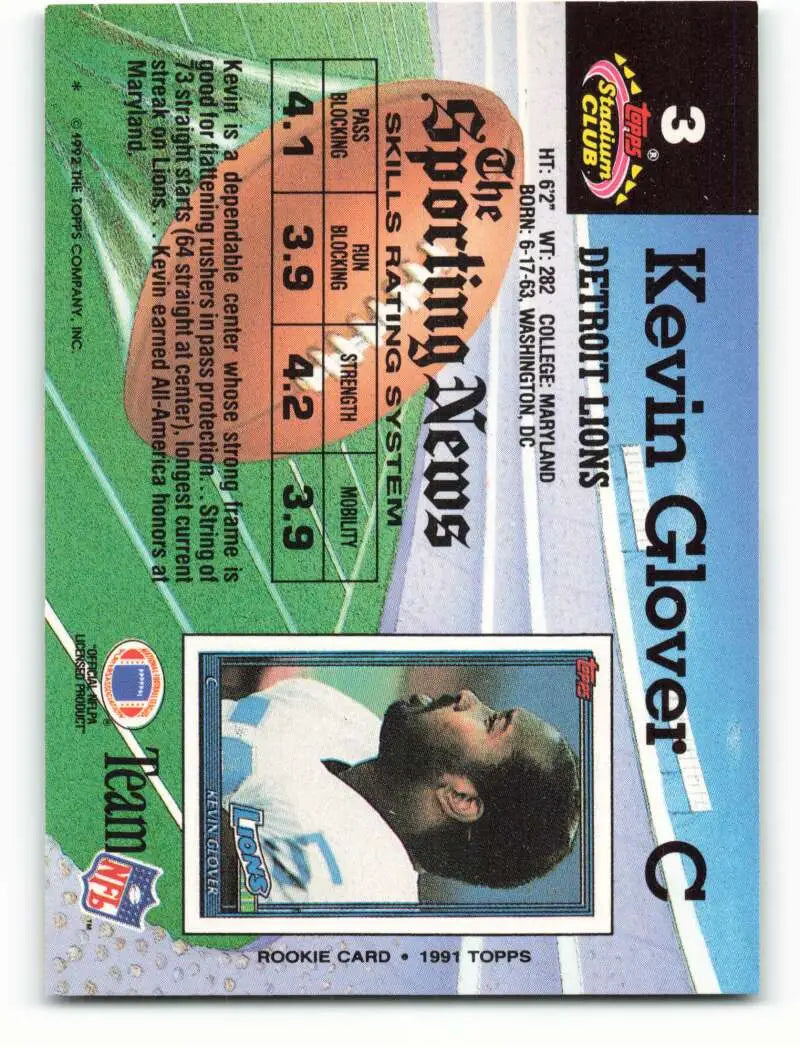 1992 Topps Stadium Club #3 Kevin Glover EX Excellent Detroit Lions Football Card - Football Card Single