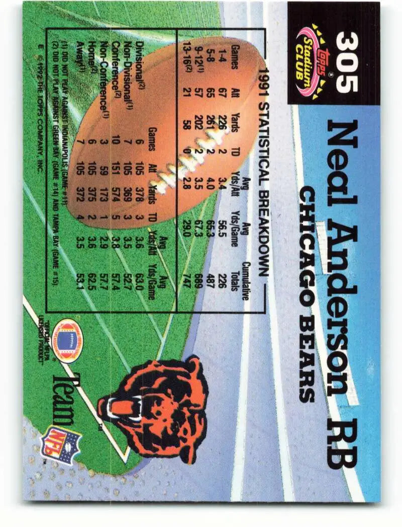 1992 Topps Stadium Club #305 Neal Anderson EX Excellent Chicago Bears Football Card - Football Card Single