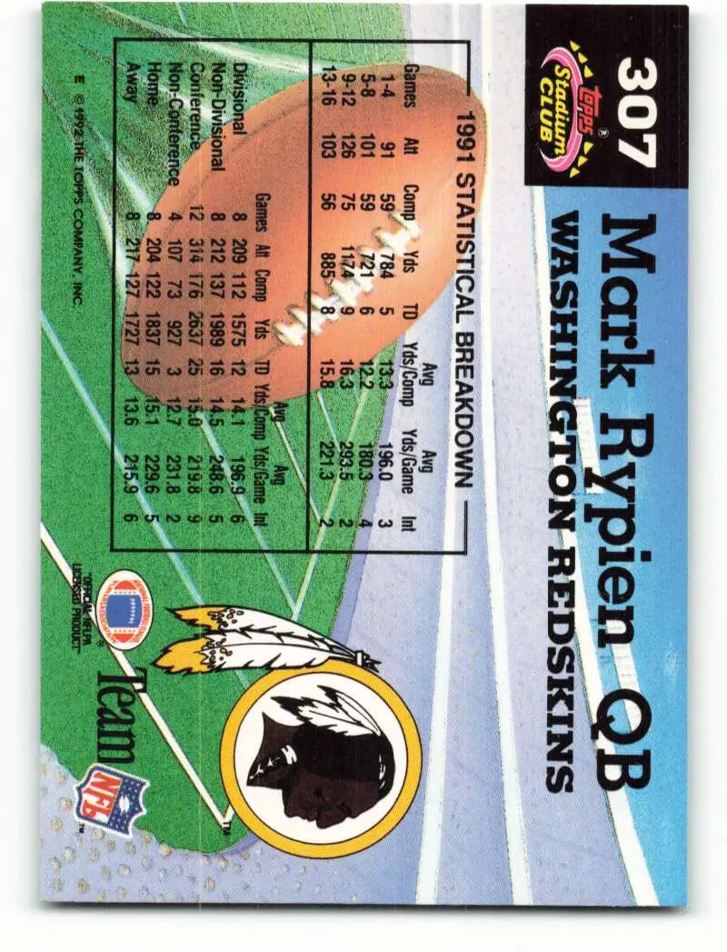 1992 Topps Stadium Club #307 Mark Rypien EX Excellent Washington Redskins Football Card - Football Card Single