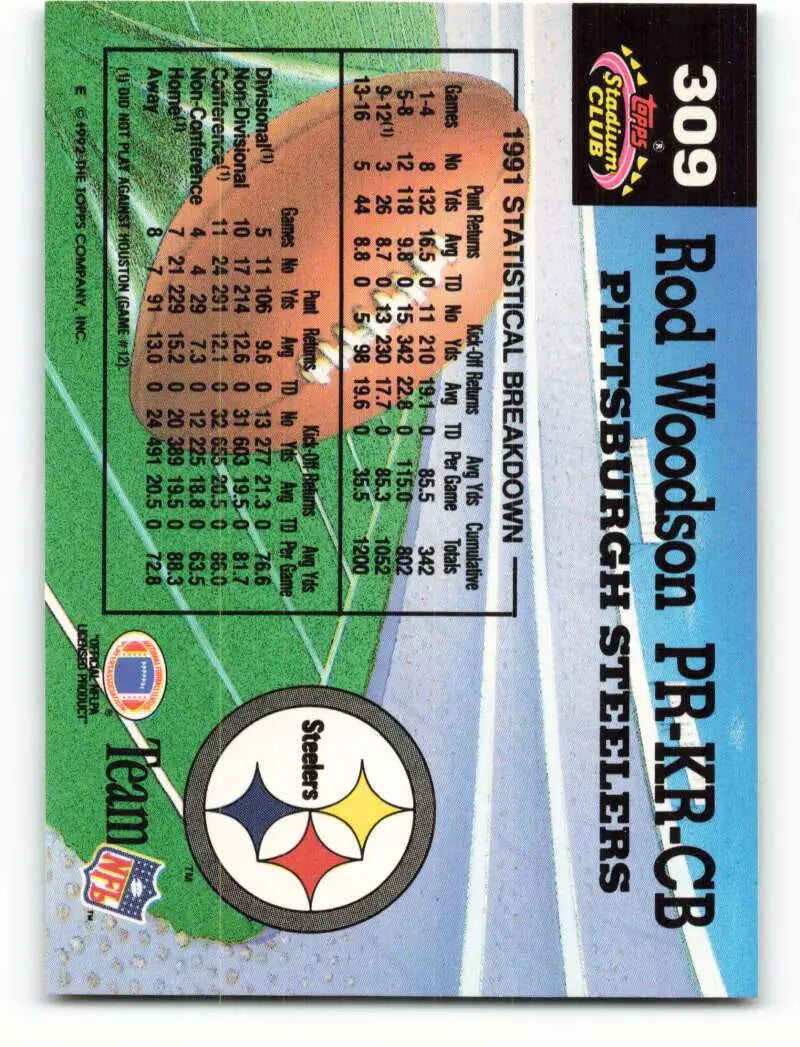 1992 Topps Stadium Club #309 Rod Woodson EX Excellent Pittsburgh Steelers Football Card - Football Card Single