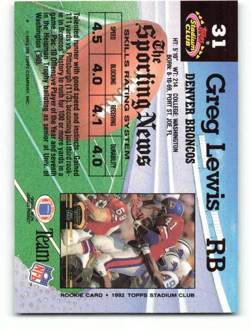 1992 Topps Stadium Club #31 Greg Lewis EX Excellent Denver Broncos Football Card - Football Card Single