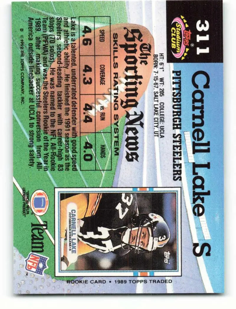 1992 Topps Stadium Club #311 Carnell Lake EX Excellent Pittsburgh Steelers Football Card - Football Card Single