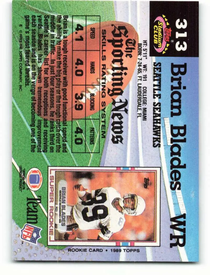 1992 Topps Stadium Club #313 Brian Blades EX Excellent Seattle Seahawks Football Card - Football Card Single