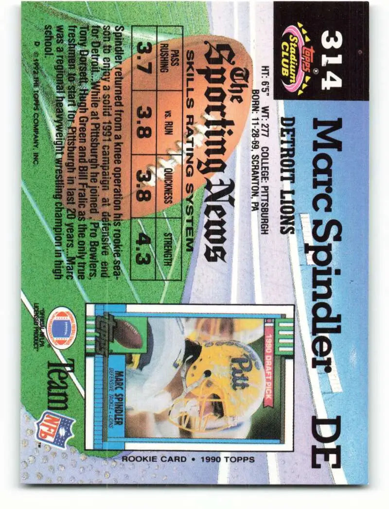 1992 Topps Stadium Club #314 Marc Spindler EX Excellent Detroit Lions Football Card - Football Card Single