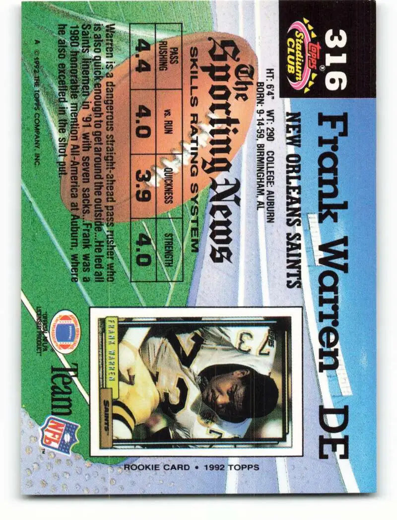 1992 Topps Stadium Club #316 Frank Warren EX Excellent New Orleans Saints Football Card - Football Card Single