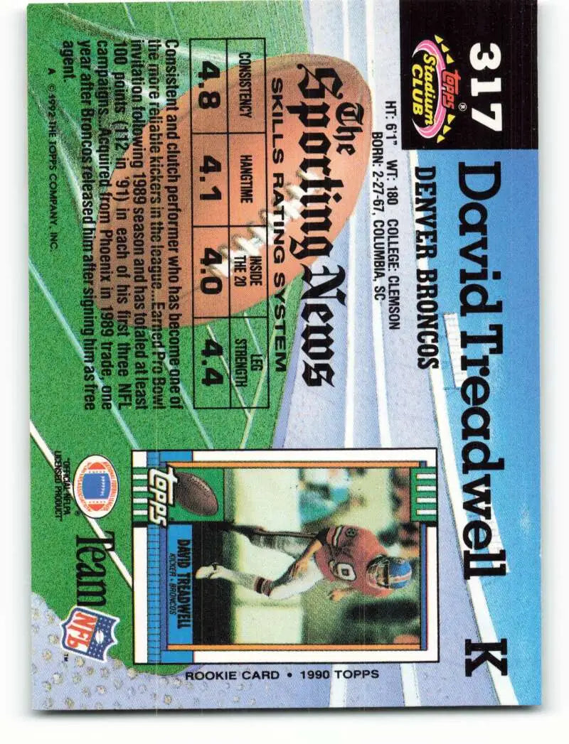 1992 Topps Stadium Club #317 David Treadwell EX Excellent Denver Broncos Football Card - Football Card Single