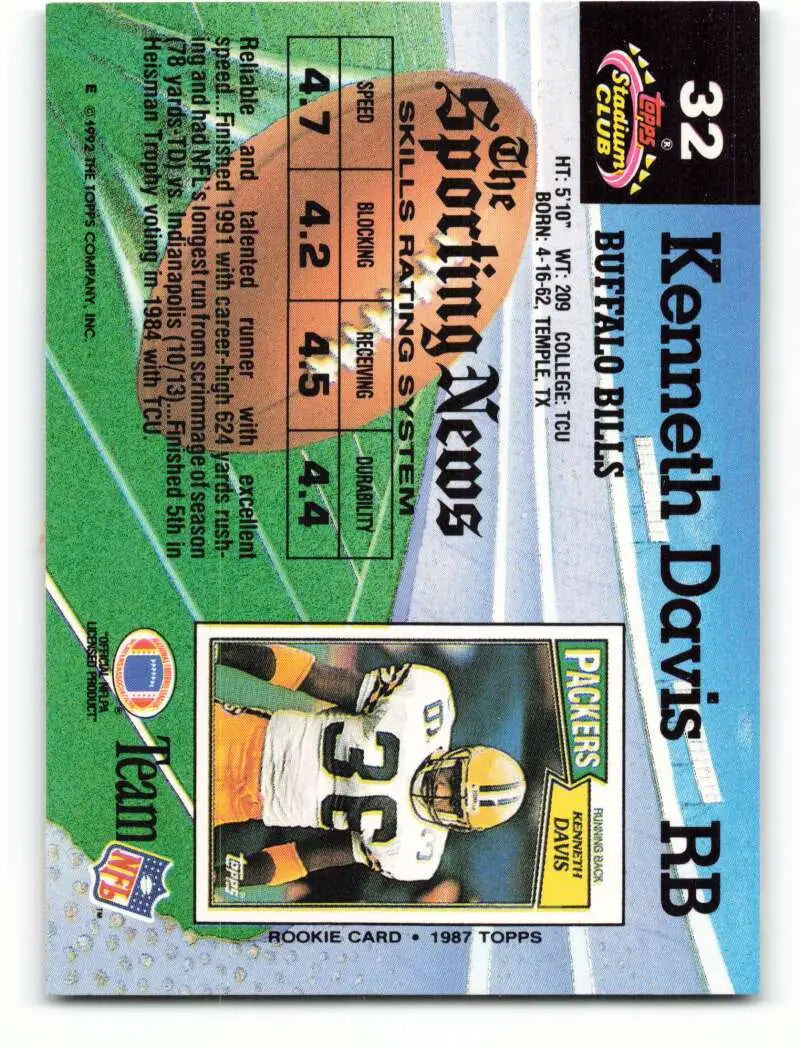 1992 Topps Stadium Club #32 Kenneth Davis EX Excellent Buffalo Bills Football Card - Football Card Single
