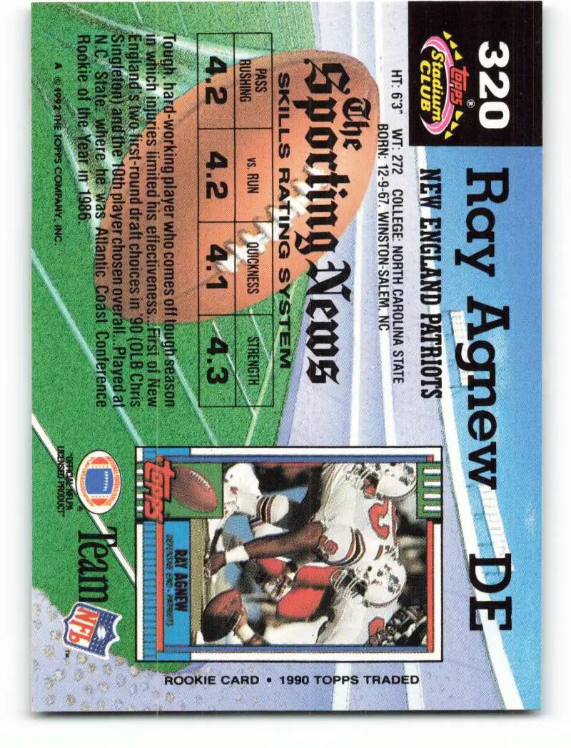1992 Topps Stadium Club #320 Ray Agnew EX Excellent New England Patriots Football Card - Football Card Single