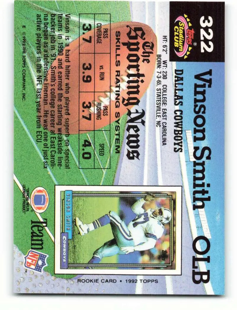 1992 Topps Stadium Club #322 Vinson Smith EX Excellent RC Rookie Dallas Cowboys Football Card - Football Card Single
