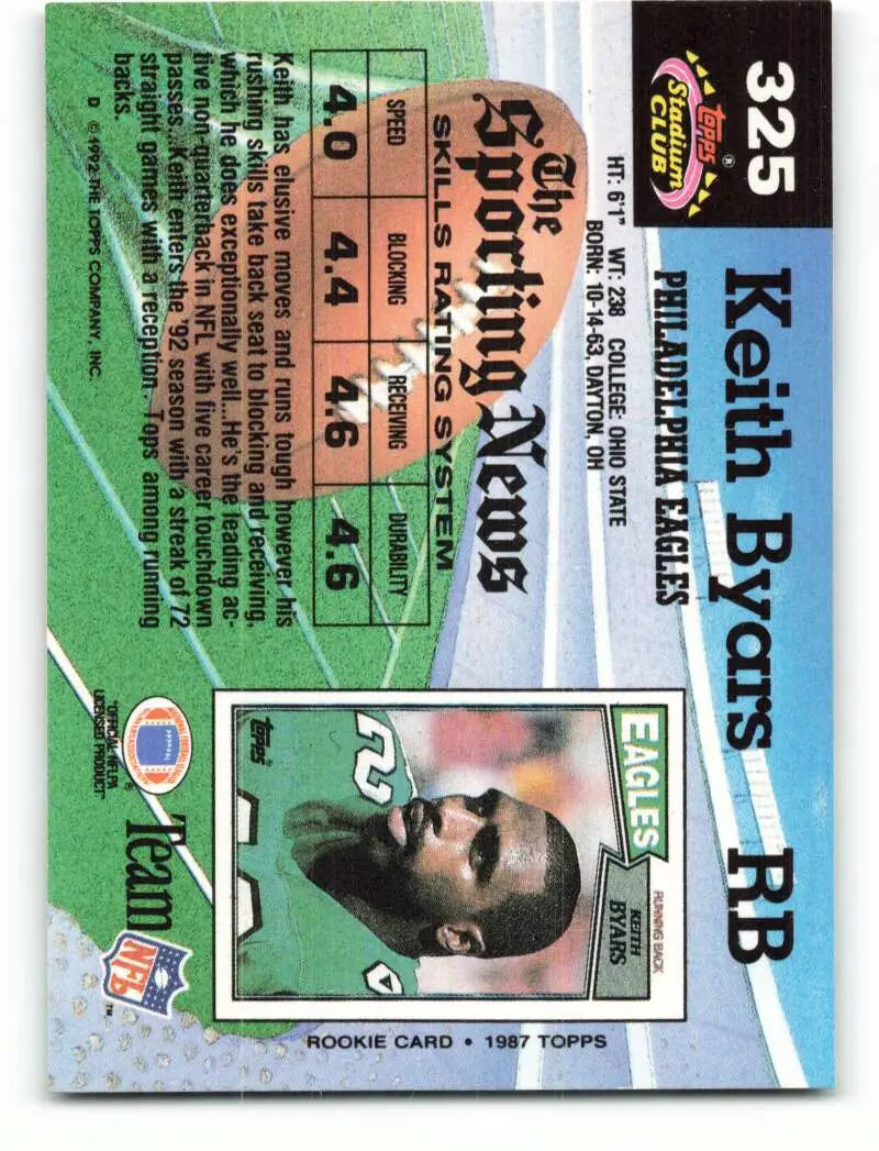1992 Topps Stadium Club #325 Keith Byars EX Excellent Philadelphia Eagles Football Card - Football Card Single