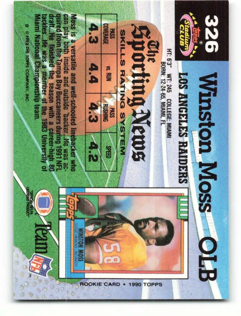 1992 Topps Stadium Club #326 Winston Moss EX Excellent Los Angeles Raiders Football Card - Football Card Single