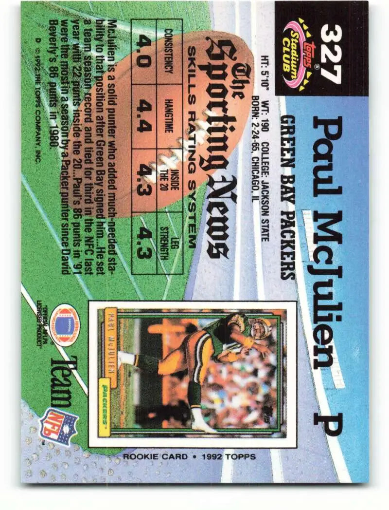 1992 Topps Stadium Club #327 Paul McJulien EX Excellent RC Rookie Green Bay Packers Football Card - Football Card Single
