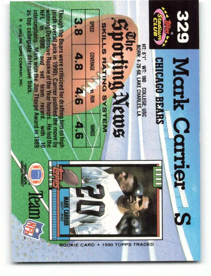 1992 Topps Stadium Club #329 Mark Carrier EX Excellent Chicago Bears Football Card - Football Card Single