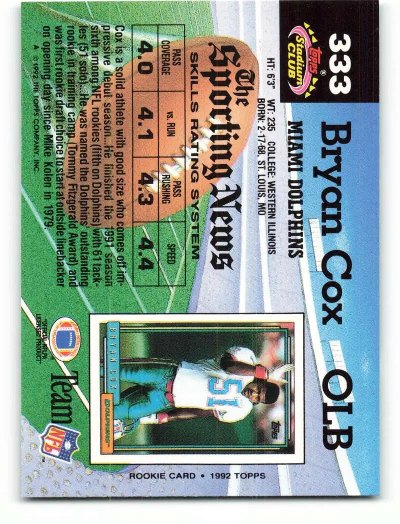 1992 Topps Stadium Club #333 Bryan Cox EX Excellent Miami Dolphins Football Card - Football Card Single