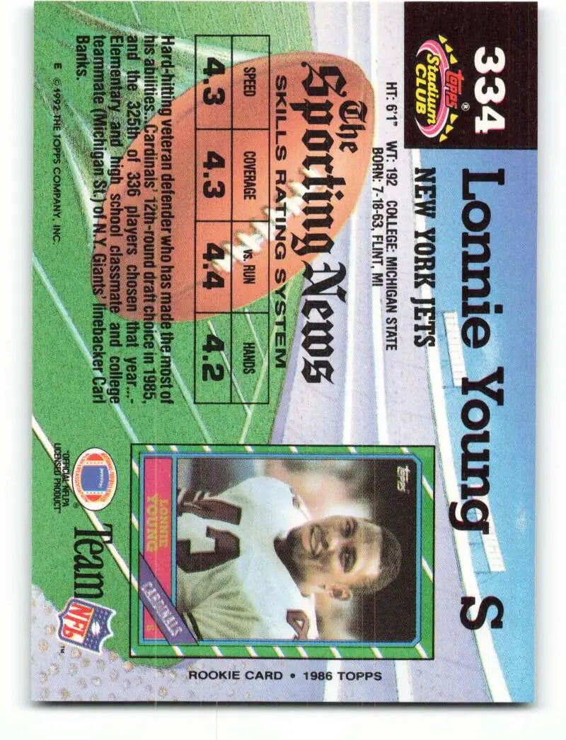 1992 Topps Stadium Club #334 Lonnie Young EX Excellent New York Jets Football Card - Football Card Single