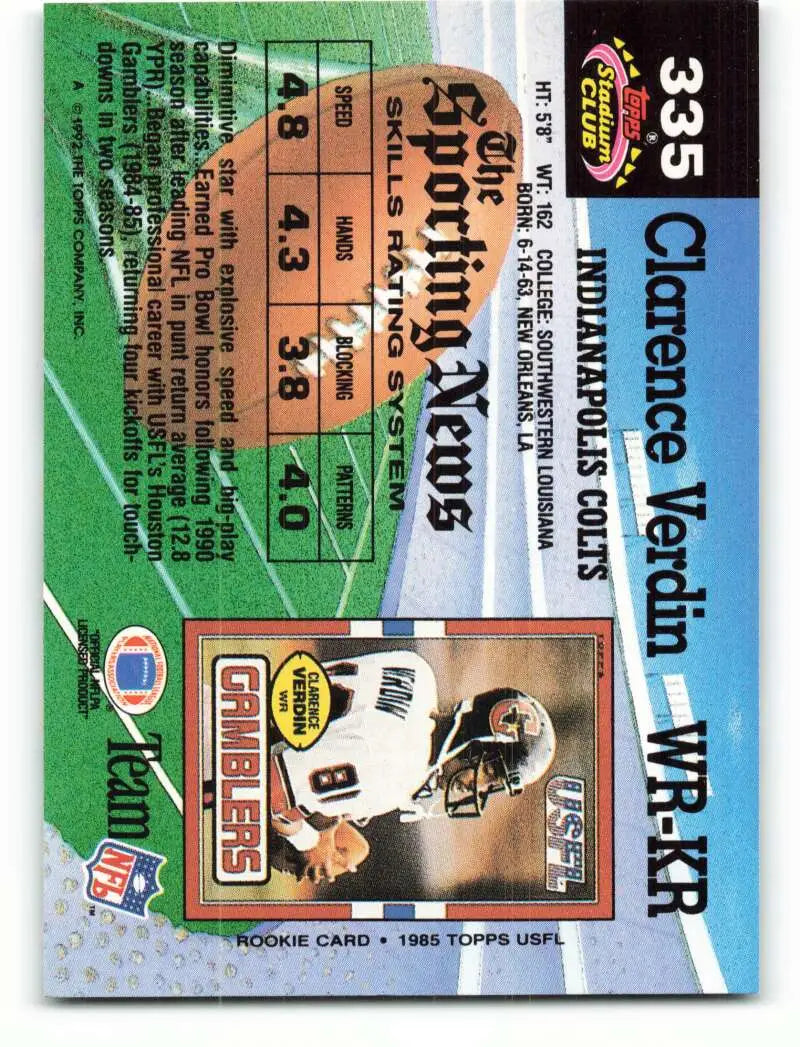 1992 Topps Stadium Club #335 Clarence Verdin EX Excellent Indianapolis Colts Football Card