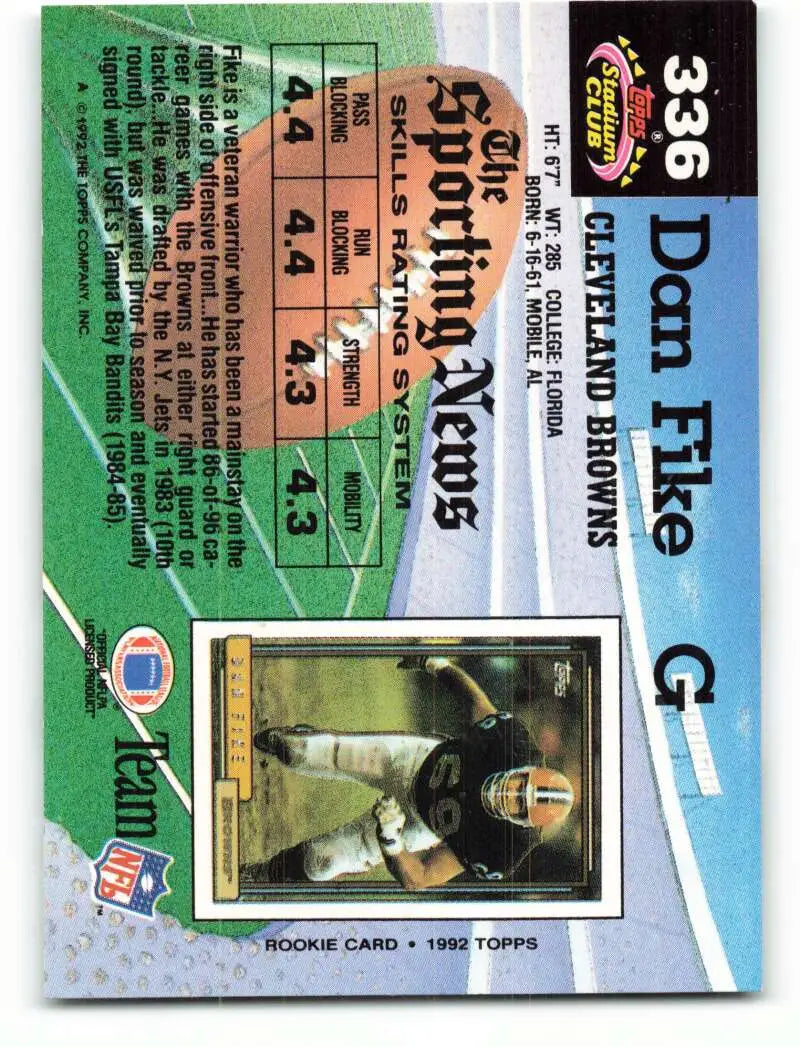 1992 Topps Stadium Club #336 Dan Fike EX Excellent Cleveland Browns Football Card - Football Card Single