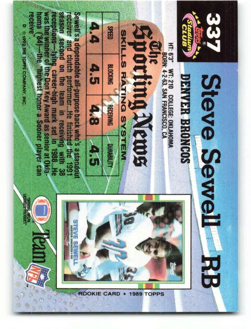 1992 Topps Stadium Club #337 Steve Sewell EX Excellent Denver Broncos Football Card - Football Card Single