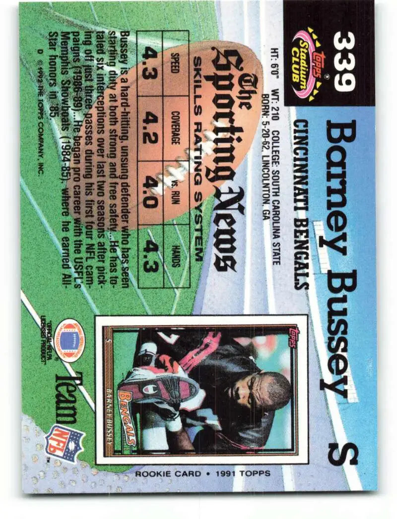 1992 Topps Stadium Club #339 Barney Bussey EX Excellent Cincinnati Bengals Football Card - Football Card Single