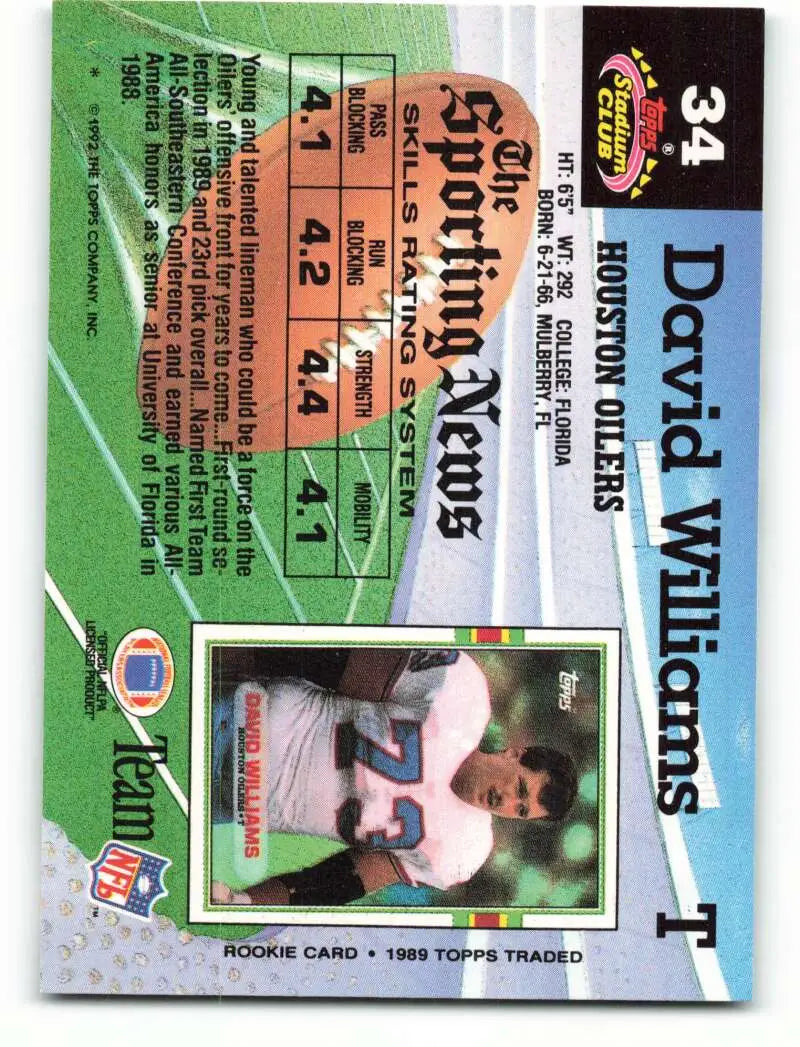 1992 Topps Stadium Club #34 David Williams EX Excellent Houston Oilers Football Card - Football Card Single