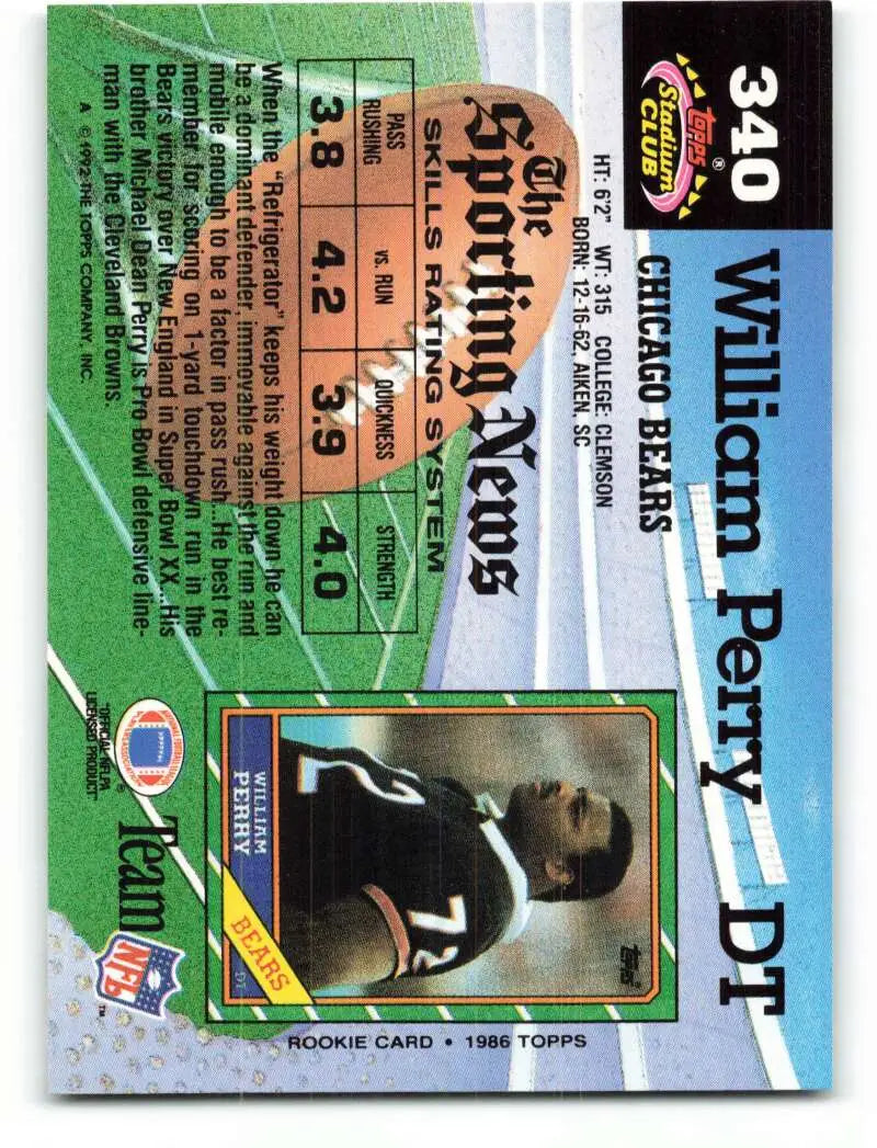 1992 Topps Stadium Club #340 William Perry EX Excellent Chicago Bears Football Card - Football Card Single