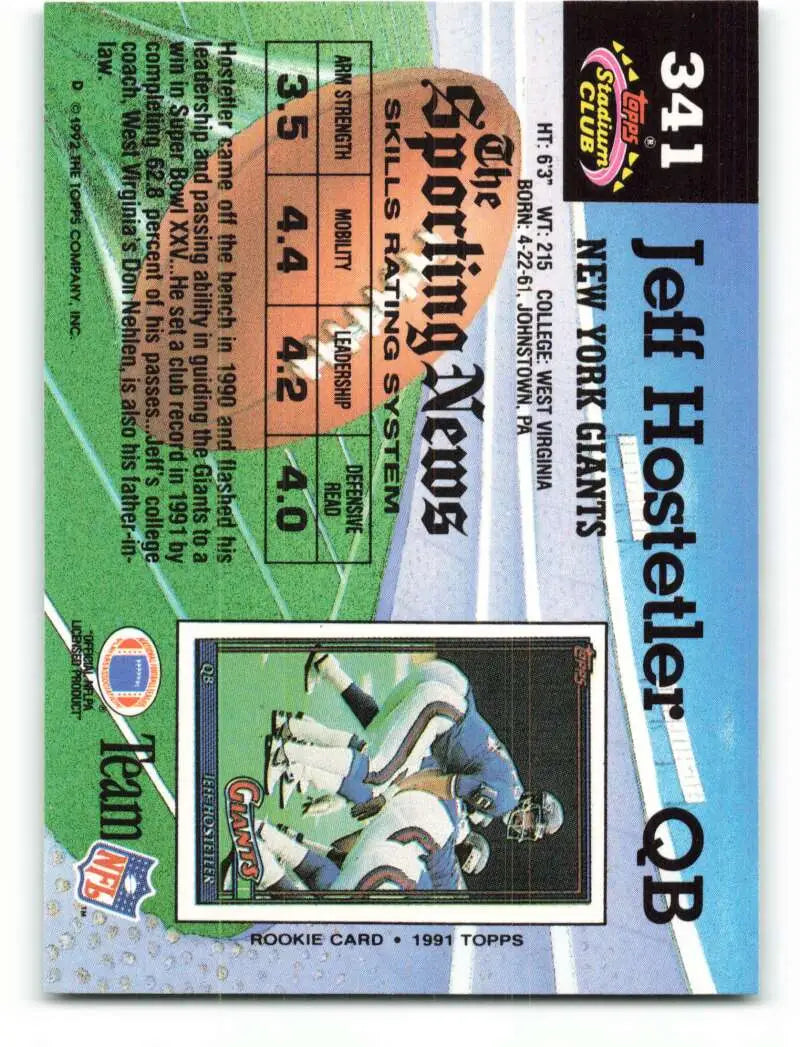 1992 Topps Stadium Club #341 Jeff Hostetler EX Excellent New York Giants Football Card